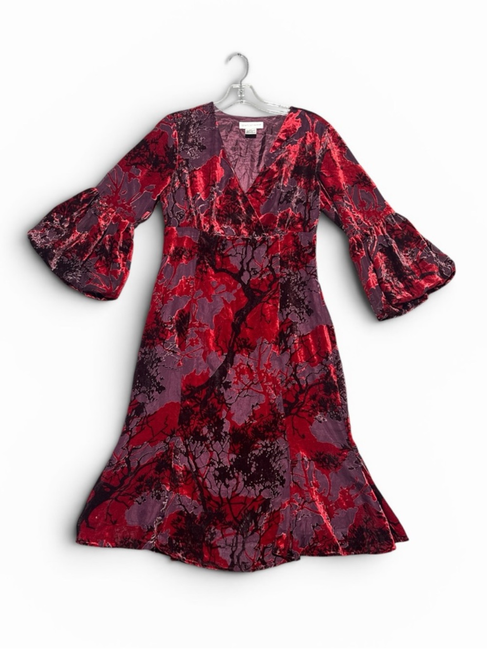 Red Floral Velvet Goth Dark Romantic Whimsgoth V-Neck Bell Sleeve Midi Dress